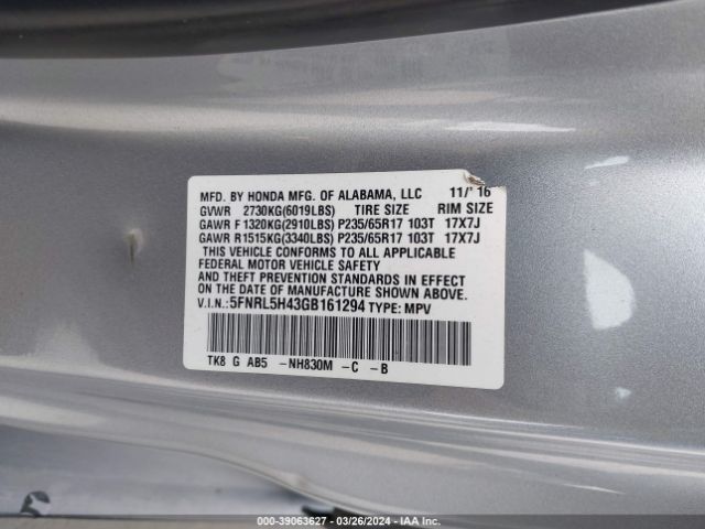 5FNRL5H43GB161294 Honda ODYSSEY EX