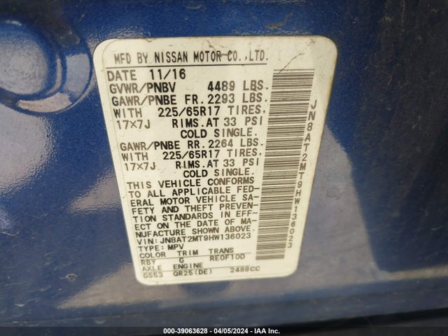 Nissan ROGUE SV 2017 JN8AT2MT9HW136023 Image 9