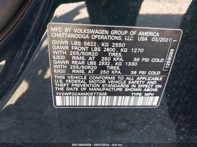 1V2WP2CAXMC577305 Volkswagen Atlas 2.0t Se W/technology