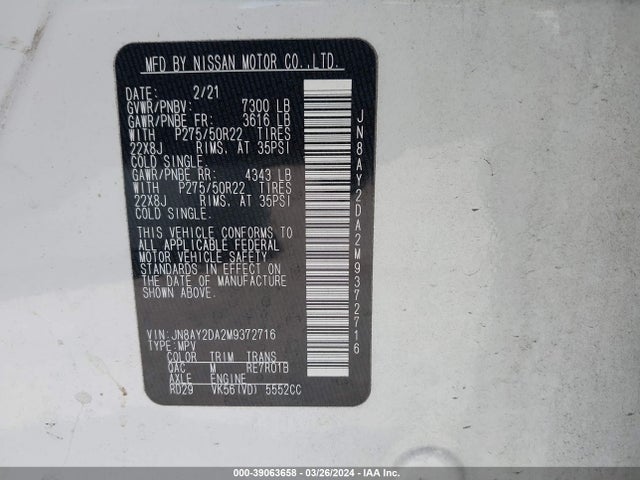 Nissan Armada Platinum 2wd 2021 JN8AY2DA2M9372716 Image 9