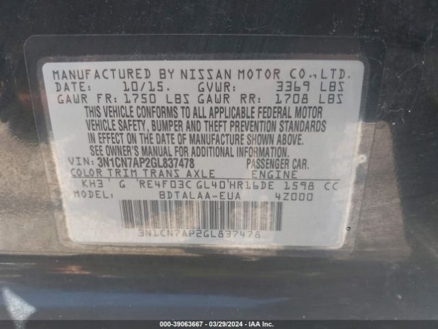 3N1CN7AP2GL837478 Nissan Versa 1.6 S