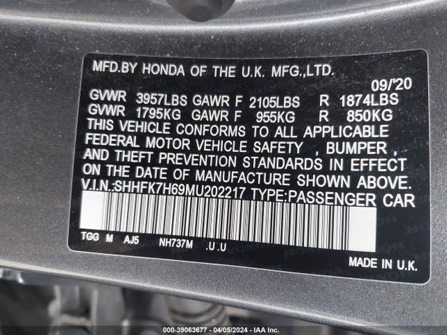 Honda CIVIC EX 2021 SHHFK7H69MU202217 Image 9