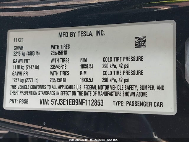 5YJ3E1EB9NF112853 Tesla Model 3 Long Range Dual Motor All-wheel Drive