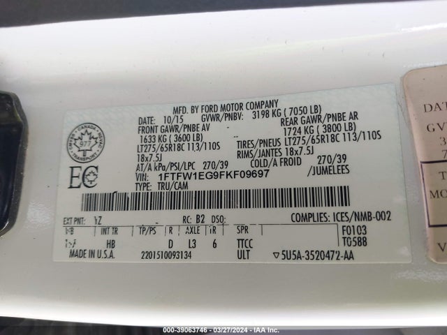 Ford F-150 Lariat 2015 1FTFW1EG9FKF09697 Image 9