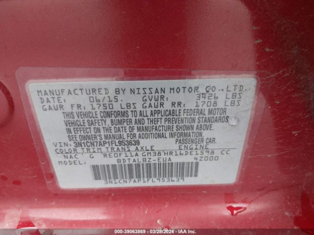 3N1CN7AP1FL953639 Nissan Versa 1.6 Sv