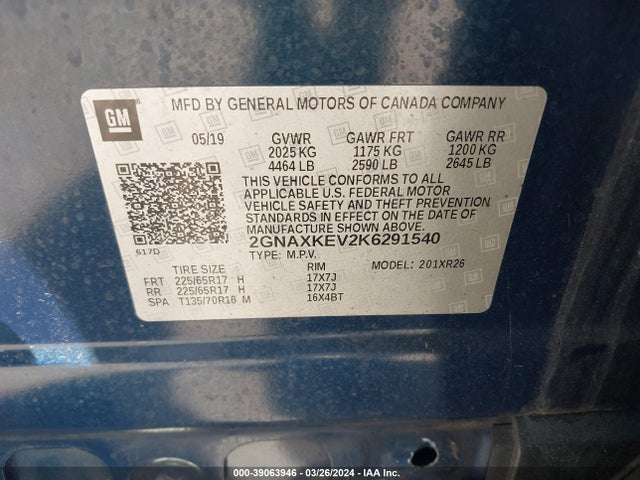 Chevrolet EQUINOX LT 2019 2GNAXKEV2K6291540 Image 9