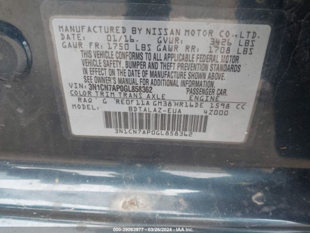 3N1CN7AP0GL858362 Nissan Versa 1.6 S+