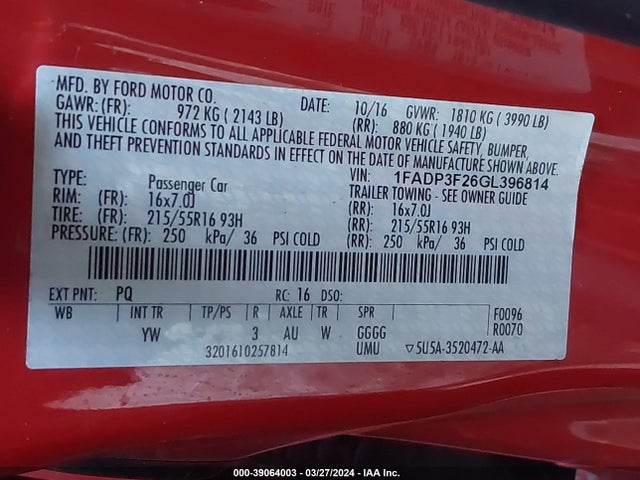 Ford FOCUS SE 2016 1FADP3F26GL396814 Image 9