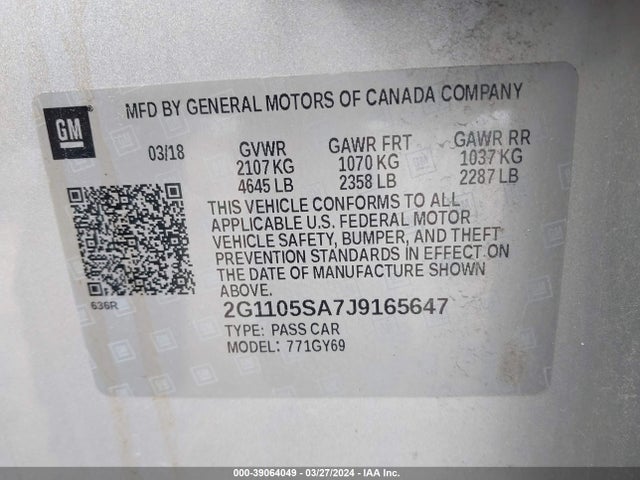 Chevrolet IMPALA 1LT 2018 2G1105SA7J9165647 Image 9
