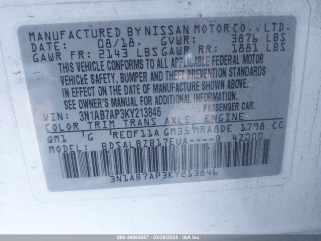 Nissan SENTRA S 2019 3N1AB7AP3KY213846 Image 9