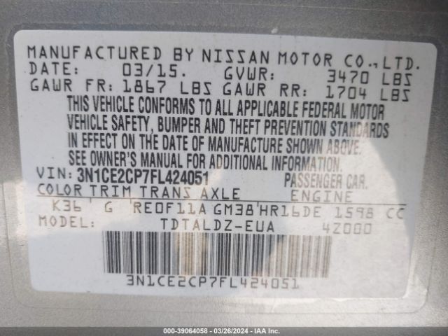 3N1CE2CP7FL424051 Nissan Versa Note S (sr)/s Plus/sl/sr/sv