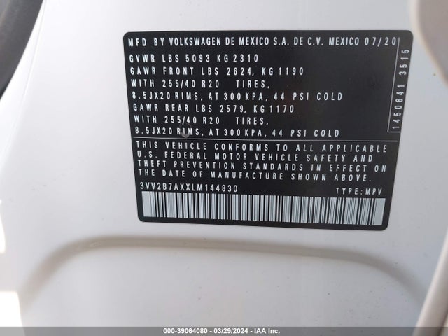 3VV2B7AXXLM144830 Volkswagen Tiguan 2.0t Se/2.0t Se R-line Black/2.0t Sel