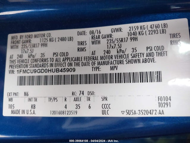 Ford ESCAPE SE 2017 1FMCU9GD0HUB45909 Image 9