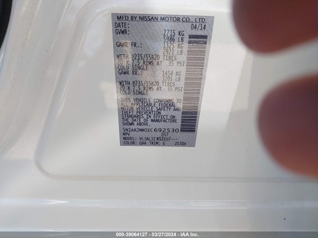 Nissan Pathfinder Platinum 2014 5N1AR2MN5EC692530 Image 9