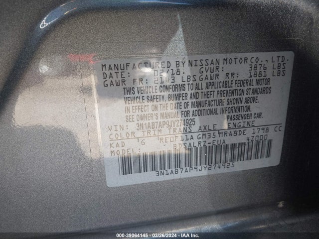 Nissan SENTRA SR 2018 3N1AB7AP9JY274925 Image 9