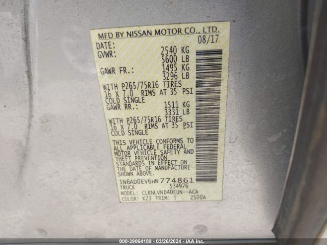 1N6AD0EV6HN774861 Nissan Frontier Pro-4x