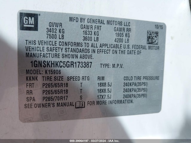 Chevrolet Suburban Lt 2016 1GNSKHKC5GR173387 Image 9