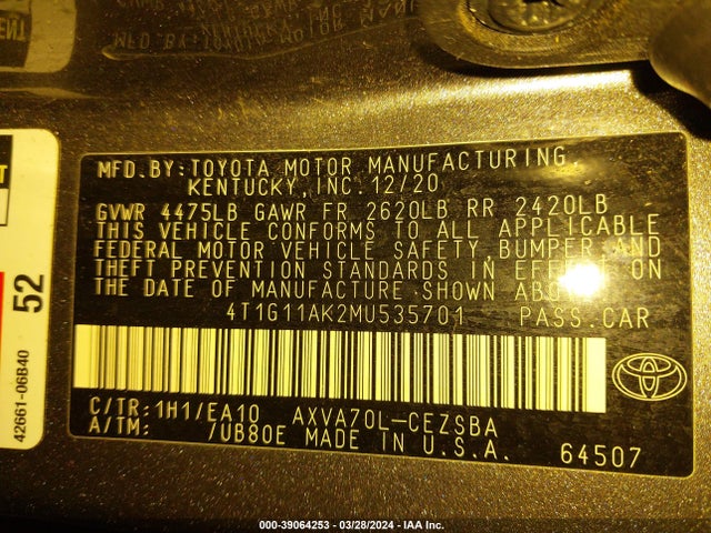 Toyota CAMRY SE 2021 4T1G11AK2MU535701 Image 9