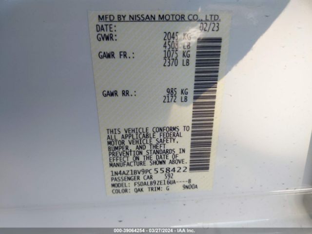 1N4AZ1BV9PC558422 Nissan Leaf S 40 Kwh