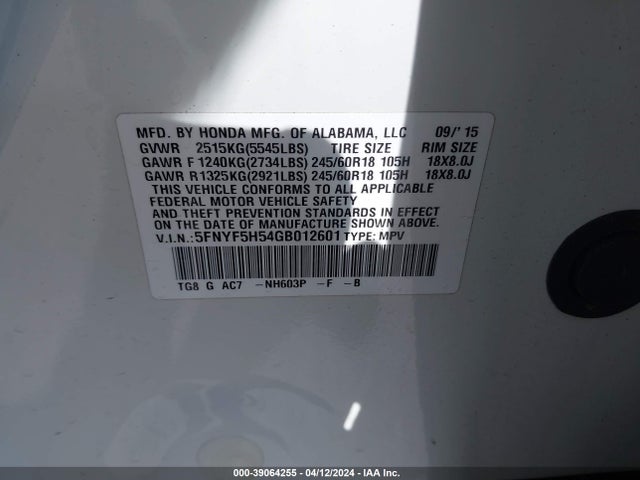 Honda Pilot Ex-l 2016 5FNYF5H54GB012601 Image 9