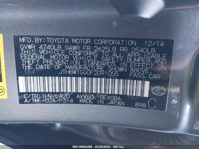 Lexus ES 300H 2015 JTHBW1GG0F2091055 Image 9