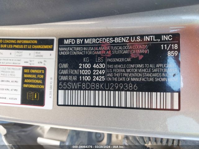 55SWF8DB8KU299386 Mercedes-Benz C 300