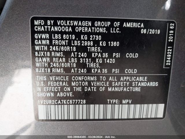 1V2UR2CA7KC577728 Volkswagen Atlas 3.6l V6 Se W/technology