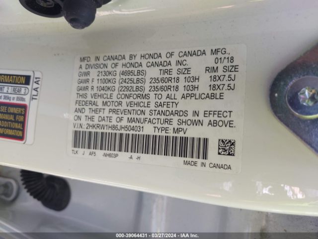 2HKRW1H86JH504031 Honda Cr-v Ex-l/ex-l Navi