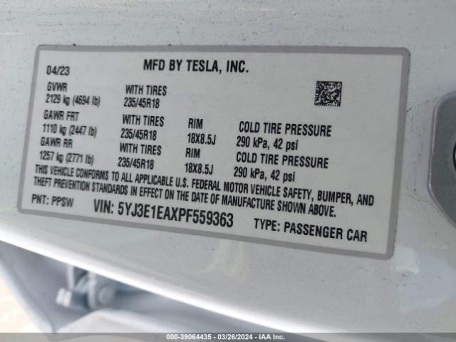 5YJ3E1EAXPF559363 Tesla Model 3 Rear-wheel Drive