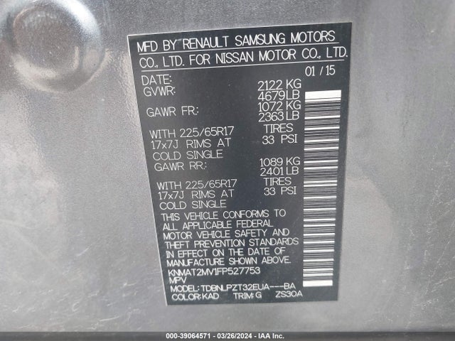 Nissan ROGUE S 2015 KNMAT2MV1FP527753 Image 9