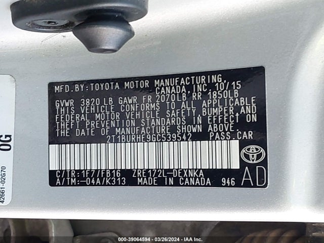 Toyota COROLLA LE 2016 2T1BURHE9GC539542 Image 9