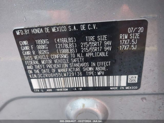 3CZRU6H55LM729136 Honda Hr-v Awd Ex