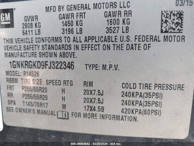 Chevrolet Traverse 1lt 2015 1GNKRGKD9FJ322346 Image 9