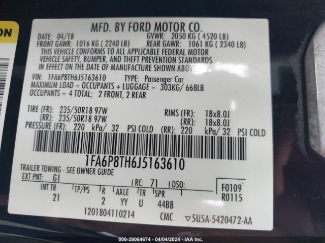 1FA6P8TH6J5163610 Ford Mustang Ecoboost