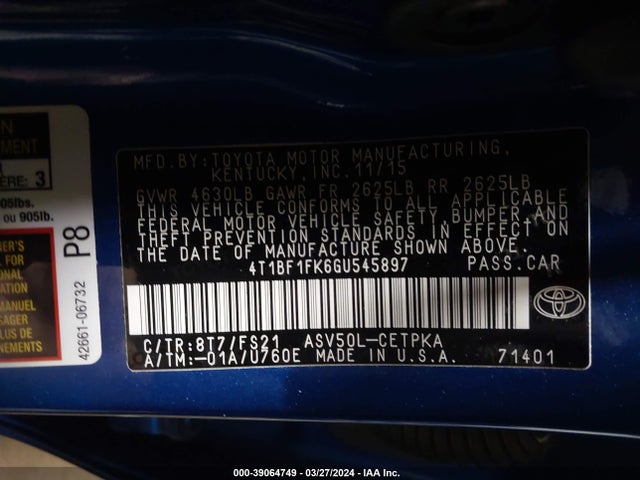 Toyota CAMRY SE 2016 4T1BF1FK6GU545897 Image 9