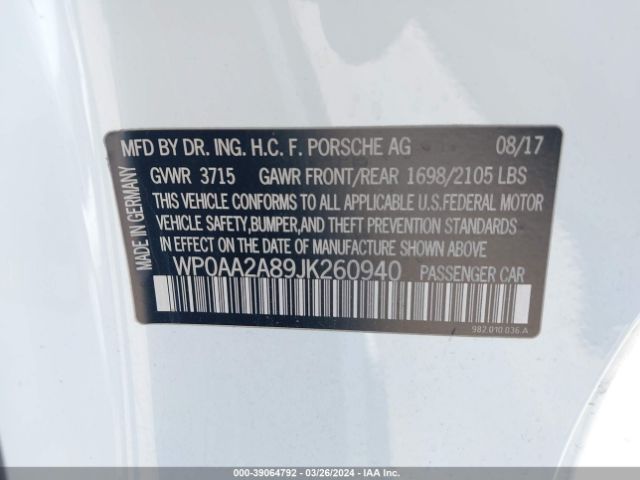 WP0AA2A89JK260940 Porsche 718 Cayman