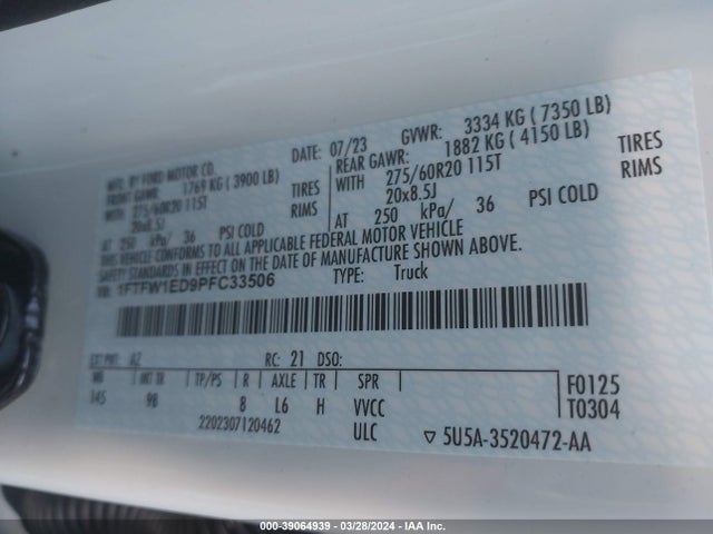 Ford F-150 Platinum 2023 1FTFW1ED9PFC33506 Image 9