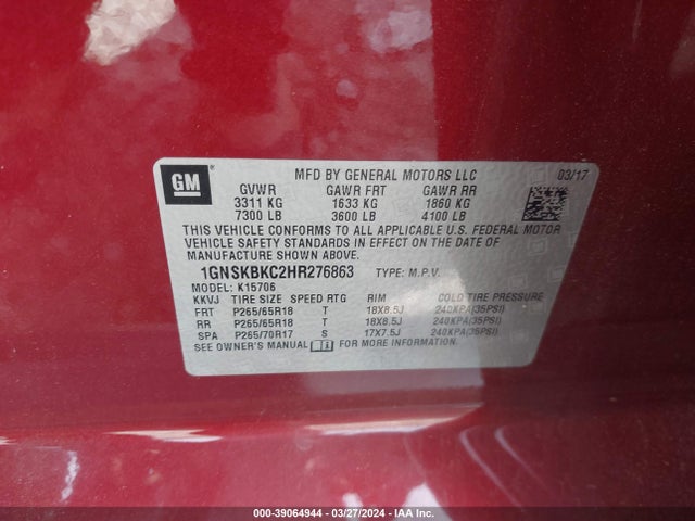 Chevrolet Tahoe Lt 2017 1GNSKBKC2HR276863 Image 9