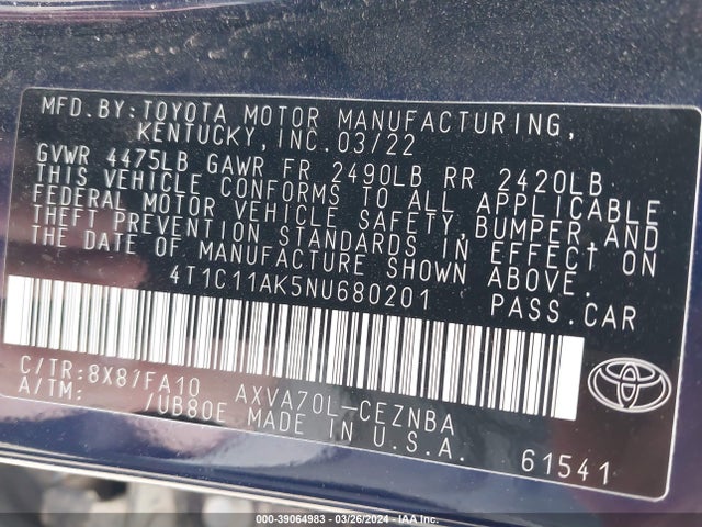 Toyota CAMRY LE 2022 4T1C11AK5NU680201 Image 9