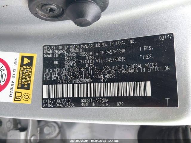 Toyota Highlander Le Plus 2017 5TDZZRFH1HS206905 Image 9