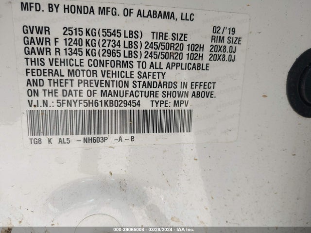 Honda Pilot Touring 2019 5FNYF5H61KB029454 Image 9