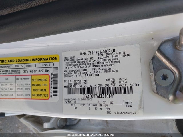 Ford FUSION SE 2019 3FA6P0H76KR210148 Image 9