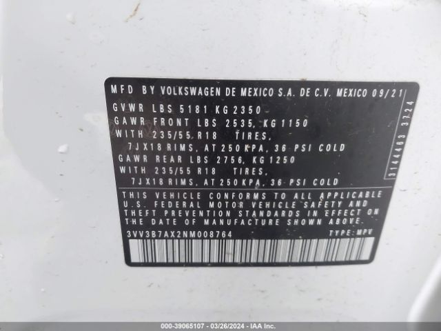 3VV3B7AX2NM008764 Volkswagen Tiguan 2.0t Se