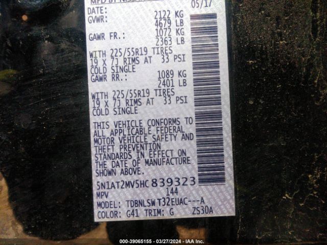 5N1AT2MV5HC839323 Nissan Rogue Sl