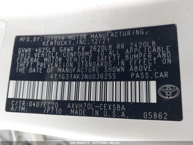 4T1G31AK3NU036255 Toyota Camry Nightshade Edition Hybrid