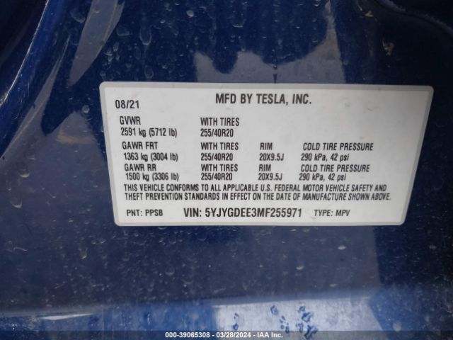 5YJYGDEE3MF255971 Tesla Model Y Long Range Dual Motor All-wheel Drive