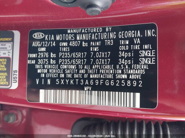 KIA SORENTO LX 2015 5XYKT3A69FG625892 Image 9