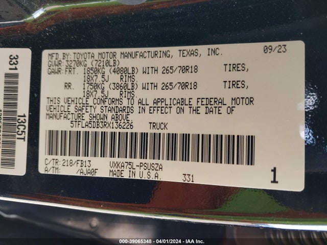 Toyota Tundra Sr5 2024 5TFLA5DB3RX136226 Image 9