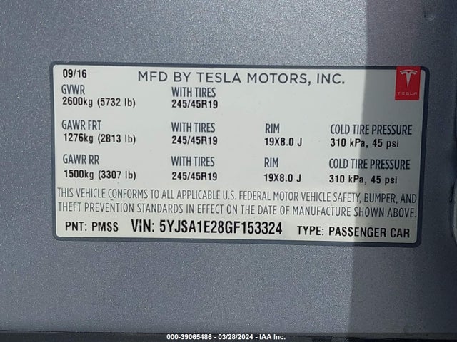 2016 TESLA MODEL S 5YJSA1E28GF153324 Photo 8