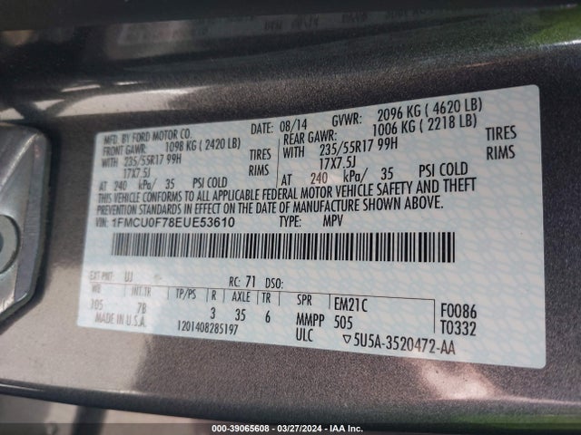 Ford ESCAPE S 2014 1FMCU0F78EUE53610 Image 9
